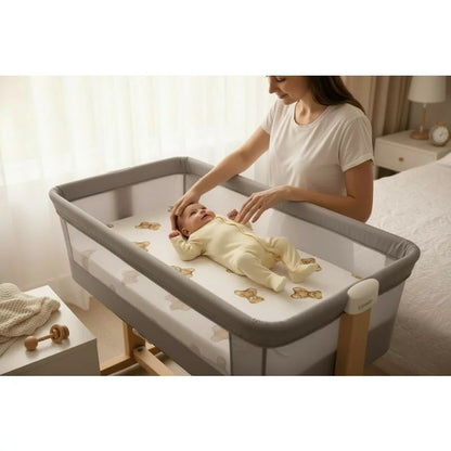 Cearceaf cu elastic, Qmini, Pentru patut co-sleeper, Aurora, Dimensiune 76 x 43 cm, Din bumbac certificat Oeko Tex Standard 100, Teddy Toys