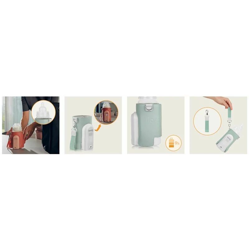 Incalzitor biberoane, Lionelo, ThermUp Go Evo, Portabil, Cu 5 niveluri de incalzire, Cu buton Safety Control, Mentinere caldura pana la 9h, Incarcare USB, Verde
