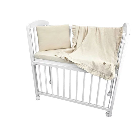 Lenjerie patut cu 3 piese, Qmini, Aurora, Pentru co-sleeper, Din muselina dubla, Material certificat Oeko Tex Standard 100, Warm Beige