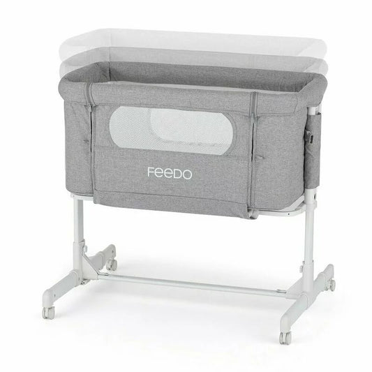 Patut co-sleeper 2 in 1, Feedo, Pliabil, Reglabil in 5 pozitii, Cu laterala detasabila, Cu roti, Greutate maxima suportata 9 kg, 0-5 luni, Gri
