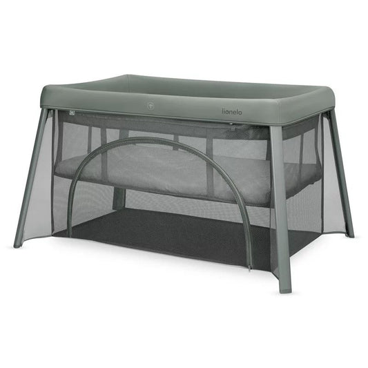 Patut multifunctional, Lionelo, Mila, 2 in 1, Saltea 4 cm cu spuma T25, 2 niveluri de inaltime, Pliere rapida, Intrare laterala, Geanta de transport inclusa, 0-36 luni, Pana la 15 kg, Verde