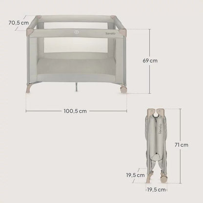 Patut pliant, Lionelo, Amelie, Cu intrare laterala, 100.5×70.5 cm, Include salteluta, roti, geanta pentru transport, Constructie usoara- 7 kg, Cadru stabil din otel, Bej
