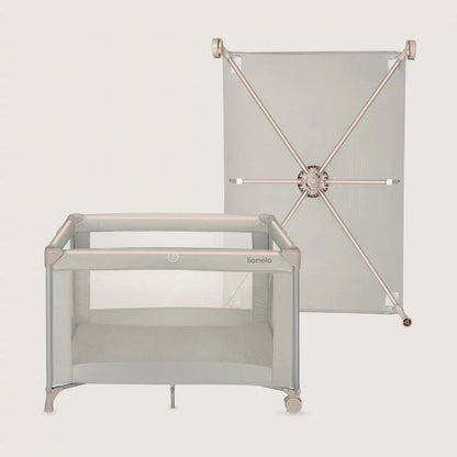 Patut pliant, Lionelo, Amelie, Cu intrare laterala, 100.5×70.5 cm, Include salteluta, roti, geanta pentru transport, Constructie usoara- 7 kg, Cadru stabil din otel, Bej