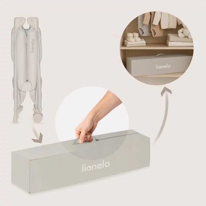 Patut pliant, Lionelo, Amelie, Cu intrare laterala, 100.5×70.5 cm, Include salteluta, roti, geanta pentru transport, Constructie usoara- 7 kg, Cadru stabil din otel, Bej
