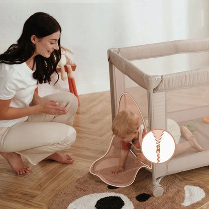 Patut pliant, Lionelo, Amelie, Cu intrare laterala, 100.5×70.5 cm, Include salteluta, roti, geanta pentru transport, Constructie usoara- 7 kg, Cadru stabil din otel, Bej