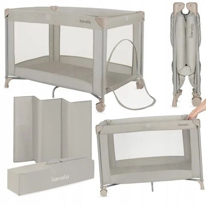 Patut pliant, Lionelo, Amelie, Cu intrare laterala, 100.5×70.5 cm, Include salteluta, roti, geanta pentru transport, Constructie usoara- 7 kg, Cadru stabil din otel, Bej