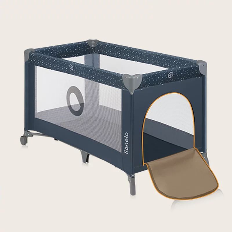 Patut pliant, Lionelo, Stefi, Cu un nivel, Cu intrare laterala cu fermoar, 2 roti, 120x60 cm, Conform cu standardul european de securitate EN 716, Albastru