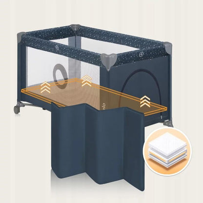 Patut pliant, Lionelo, Stefi, Cu un nivel, Cu intrare laterala cu fermoar, 2 roti, 120x60 cm, Conform cu standardul european de securitate EN 716, Albastru