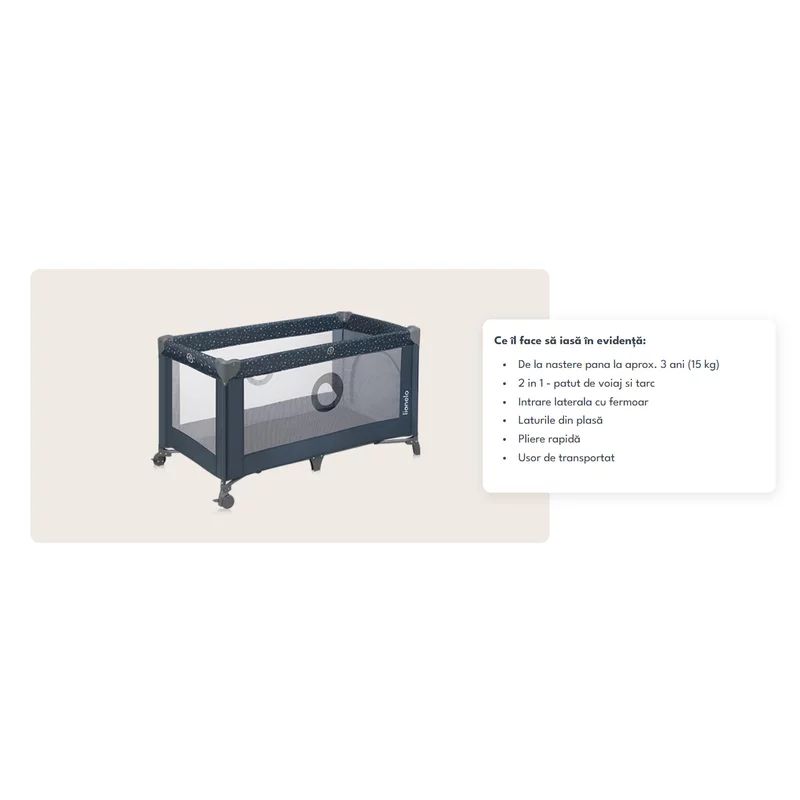 Patut pliant, Lionelo, Stefi, Cu un nivel, Cu intrare laterala cu fermoar, 2 roti, 120x60 cm, Conform cu standardul european de securitate EN 716, Albastru