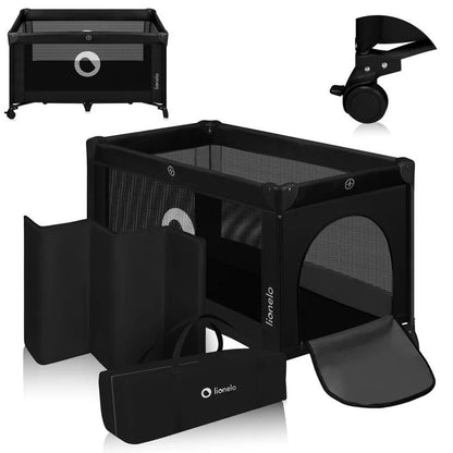 Patut pliant, Lionelo, Stefi, Cu un nivel, Cu intrare laterala cu fermoar, 2 roti, 120x60 cm, Conform cu standardul european de securitate EN 716, Negru
