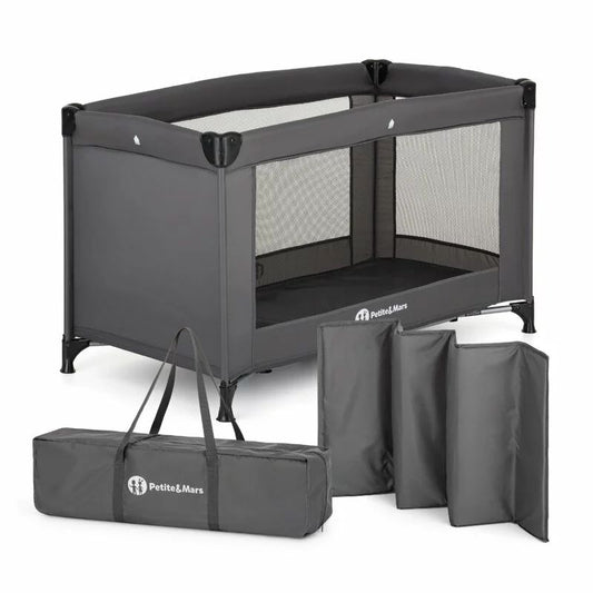 Patut pliant, Petite&Mars, Koot, 120 x 60 cm, Cu roti, Functie de tarc, Pliere compacta, Include geanta de transport, Intrare laterala cu fermoar, Pereti din plasa, Pana la 15 kg, 0-30 luni, Gri Charcoal