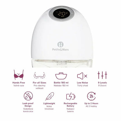 Pompa de san, Petite&Mars, Gaia Duo, Portabila, Cu 3 moduri, Panou control, Autonomie pana la 2.5 h, 9 functii de masaj, Silentioasa- 55db, Capacitate 180 ml, Alb