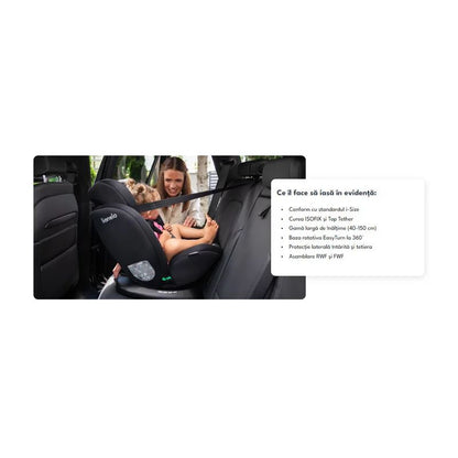 Scaun auto, Lionelo, Bastiaan i-Size, 4 in 1, Protectie laterala, Cu spatar inclinabil in 4 pozitii, Cu tetiera reglabila in 7 pozitii, Rotire 360 grade, Top Tether, 0-36 Kg, 40-150 cm, Cu Isofix, Conform cu ECE R129/03, Albastru Indigo