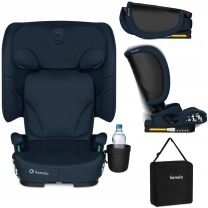 Scaun auto pliabil, Lionelo, Orin, i-Size, 100-150 cm, Tetiera reglabila in 14 pozitii, Spatar in 4 pozitii, Isofix+Top Tether, Sezut ergonomic, Husa transport, Suport sticla, Albastru