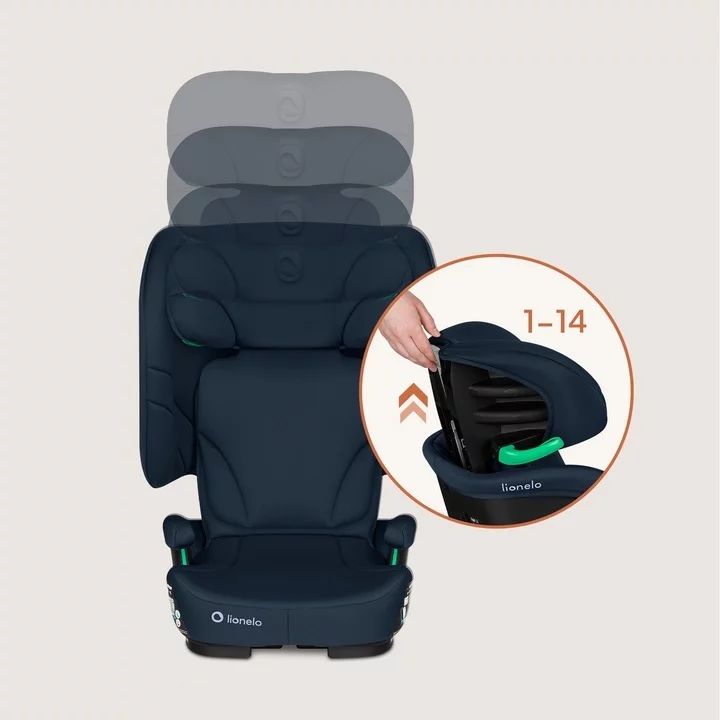Scaun auto pliabil, Lionelo, Orin, i-Size, 100-150 cm, Tetiera reglabila in 14 pozitii, Spatar in 4 pozitii, Isofix+Top Tether, Sezut ergonomic, Husa transport, Suport sticla, Albastru