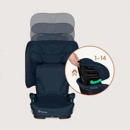 Scaun auto pliabil, Lionelo, Orin, i-Size, 100-150 cm, Tetiera reglabila in 14 pozitii, Spatar in 4 pozitii, Isofix+Top Tether, Sezut ergonomic, Husa transport, Suport sticla, Albastru