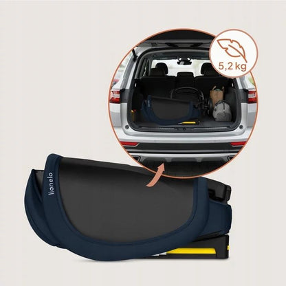 Scaun auto pliabil, Lionelo, Orin, i-Size, 100-150 cm, Tetiera reglabila in 14 pozitii, Spatar in 4 pozitii, Isofix+Top Tether, Sezut ergonomic, Husa transport, Suport sticla, Albastru
