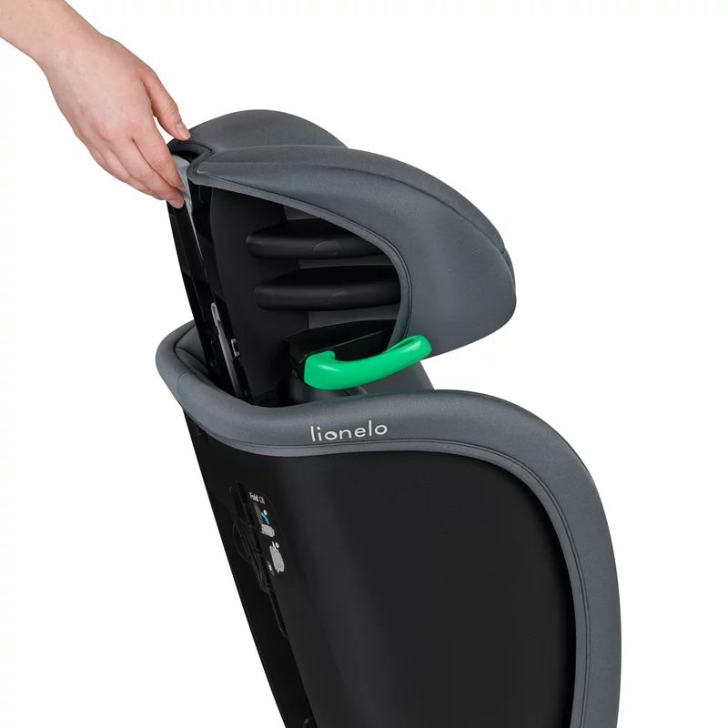 Scaun auto pliabil, Lionelo, Orin, i-Size, 100-150 cm, Tetiera reglabila in 14 pozitii, Spatar in 4 pozitii, Isofix+Top Tether, Sezut ergonomic, Husa transport, Suport sticla, Gri Grafit