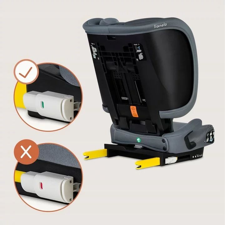 Scaun auto pliabil, Lionelo, Orin, i-Size, 100-150 cm, Tetiera reglabila in 14 pozitii, Spatar in 4 pozitii, Isofix+Top Tether, Sezut ergonomic, Husa transport, Suport sticla, Gri Grafit