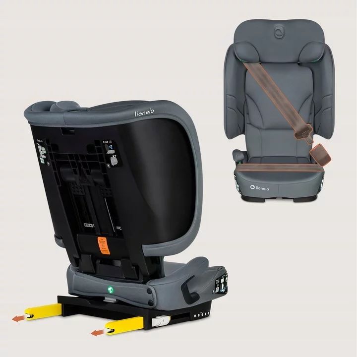 Scaun auto pliabil, Lionelo, Orin, i-Size, 100-150 cm, Tetiera reglabila in 14 pozitii, Spatar in 4 pozitii, Isofix+Top Tether, Sezut ergonomic, Husa transport, Suport sticla, Gri Grafit