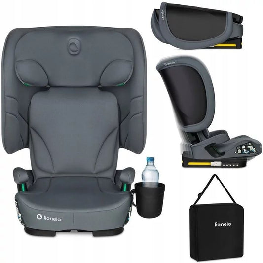 Scaun auto pliabil, Lionelo, Orin, i-Size, 100-150 cm, Tetiera reglabila in 14 pozitii, Spatar in 4 pozitii, Isofix+Top Tether, Sezut ergonomic, Husa transport, Suport sticla, Gri Grafit