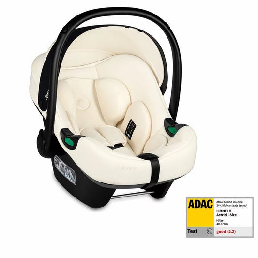 Scoica auto, Lionelo, i-Size Astrid, 0-13 Kg, 40-87 cm, Cu maner si capotina reglabile, Cu protectie laterala avansata, Salteluta confortabila, Testat ADAC, Conform cu standardul european de securitate R129, Crem