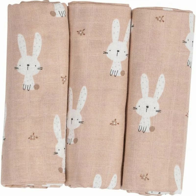 Set 3 scutece tetra, Bubaba, Din bumbac, 80x80 cm, Beige Bunnies
