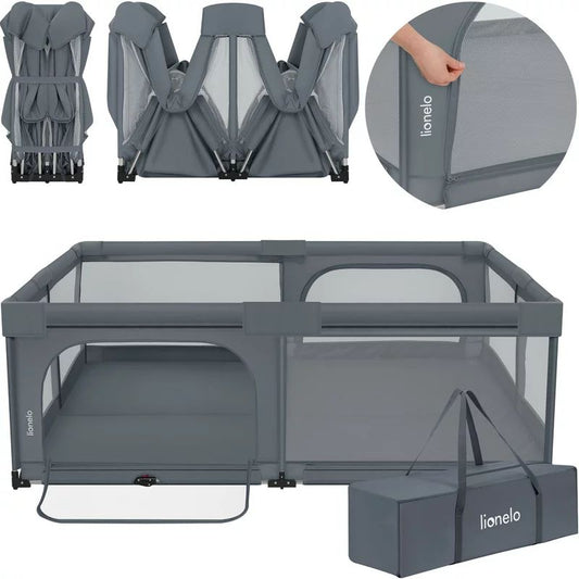 Tarc de joaca copii, Lionelo, Florence Easy Fold XL, 180 x 200 x 68 cm, Pliere, depliere automata, Include geanta de transport, Din plasa, Cu doua intrari laterale, 0-48 luni, Conform cu EN12227, Grey Stone