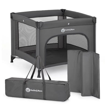 Tarc pliant, Petite&Mars, Nook, 90 x 90 cm, Pliere compacta, Include geanta de transport, Intrare laterala, Pereti din plasa, Structura stabila, Pana la 15 kg, 0 luni+, Gri