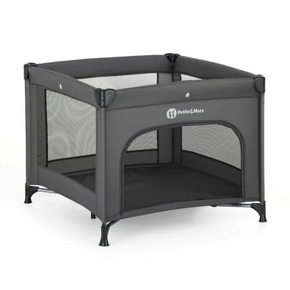 Tarc pliant, Petite&Mars, Nook, 90 x 90 cm, Pliere compacta, Include geanta de transport, Intrare laterala, Pereti din plasa, Structura stabila, Pana la 15 kg, 0 luni+, Gri