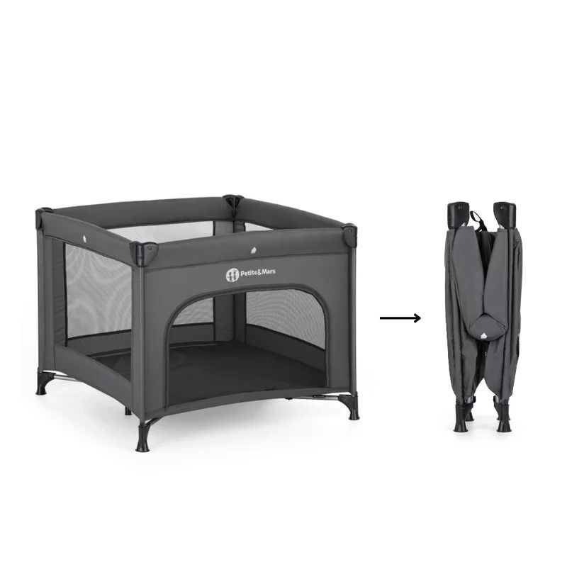 Tarc pliant, Petite&Mars, Nook, 90 x 90 cm, Pliere compacta, Include geanta de transport, Intrare laterala, Pereti din plasa, Structura stabila, Pana la 15 kg, 0 luni+, Gri